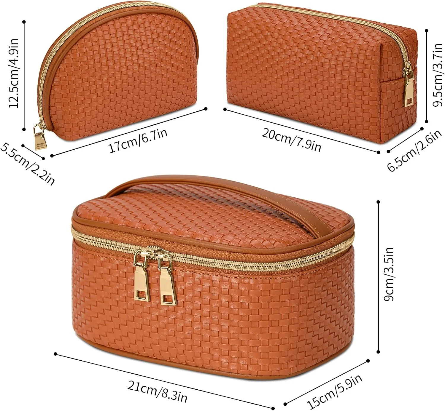 KTMOUW Makeup Bag 3 Pcs Waterproof Cosmetic Bag Set Portable Travel Cosmetic Bag Multifunction Organizer Storage Bag Weave Toiletry Bag for Women, Brown