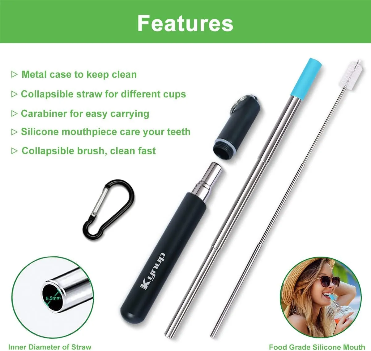 Kynup 4Packs Reusable Straws, Metal Straw with Silicon Pcs, Travel Drinking Straws with Metal Case, Keychain, Cleaning Brushes, Perfect for Travel, Gifts (20 PCS) Black Silver  Rose Gold Turquoise