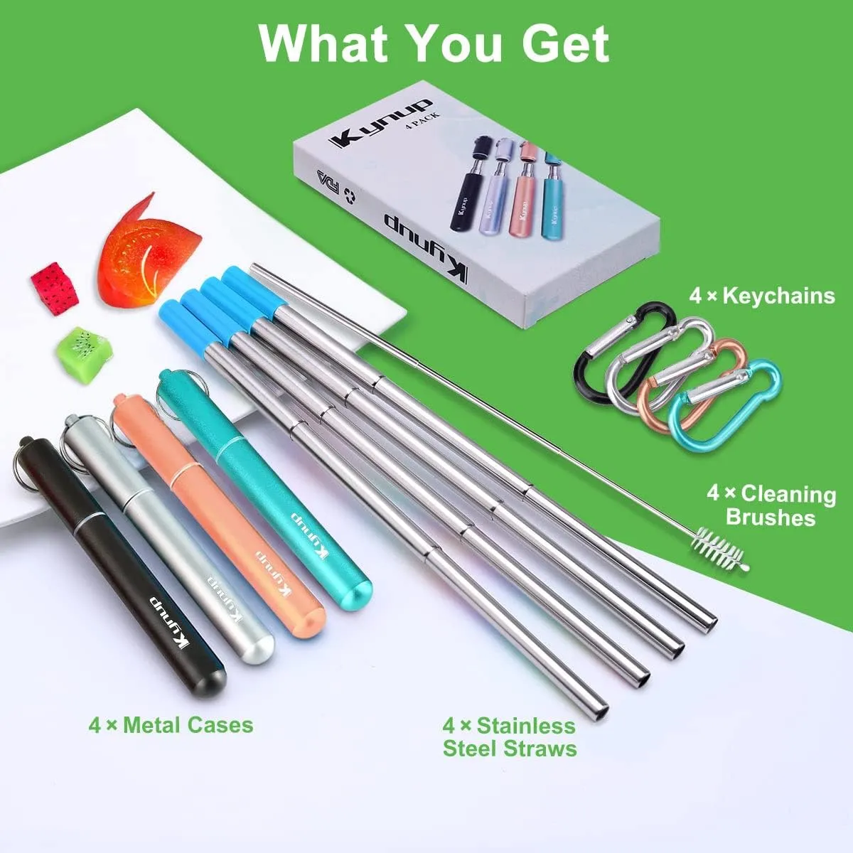 Kynup 4Packs Reusable Straws, Metal Straw with Silicon Pcs, Travel Drinking Straws with Metal Case, Keychain, Cleaning Brushes, Perfect for Travel, Gifts (20 PCS) Black Silver  Rose Gold Turquoise
