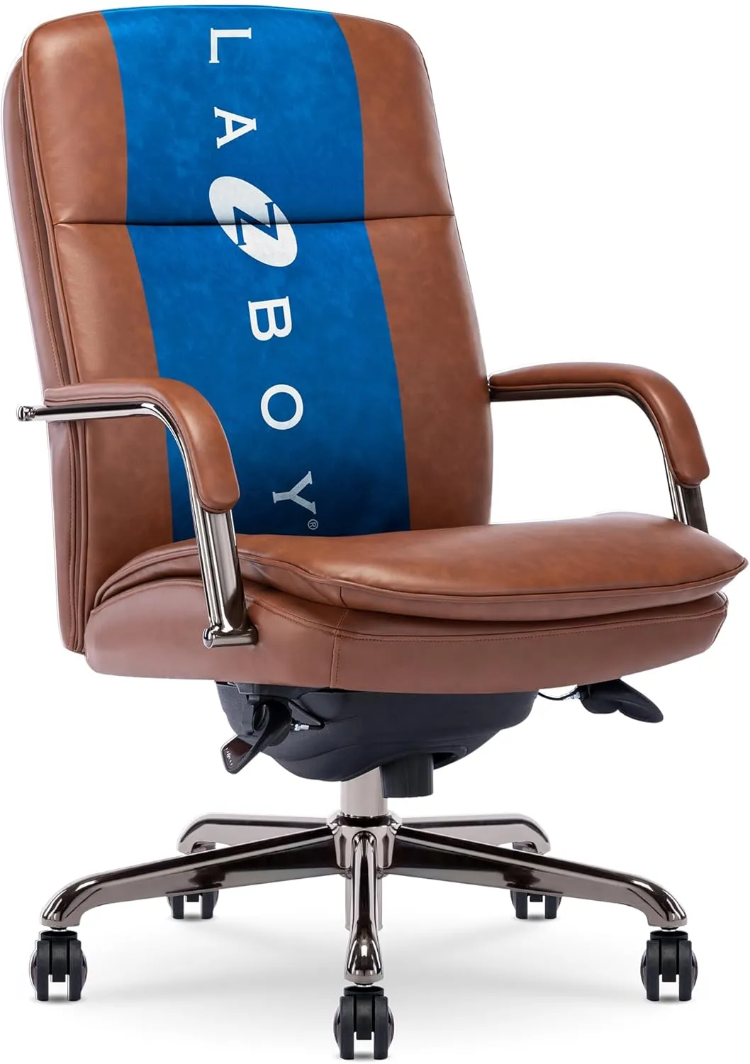 La-Z-Boy Opus Executive Mid-Back Office Chair, Channel-Tufted Seat and Back, Double-Layer Cushion, Padded Arms, Ergonomic Computer Desk Chair, Swivel Metal Base, Bonded Leather, Cognac and Graphite