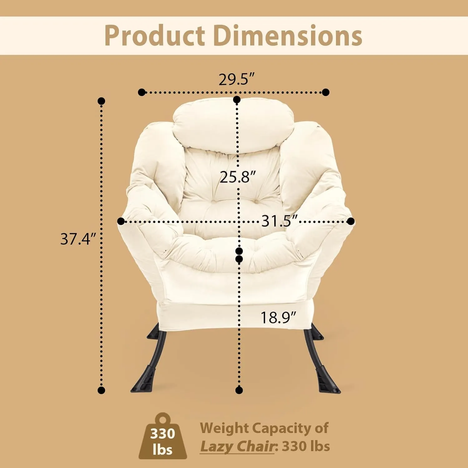 Lazy Chair Thick Padded, Accent Chair Velvet Upholstered with Wide Seat, Stable Metal Frame and Non-Slip Pad, Modern Sofa Armchair with Side Storage Bag for Dorm, Room, Office, Beige