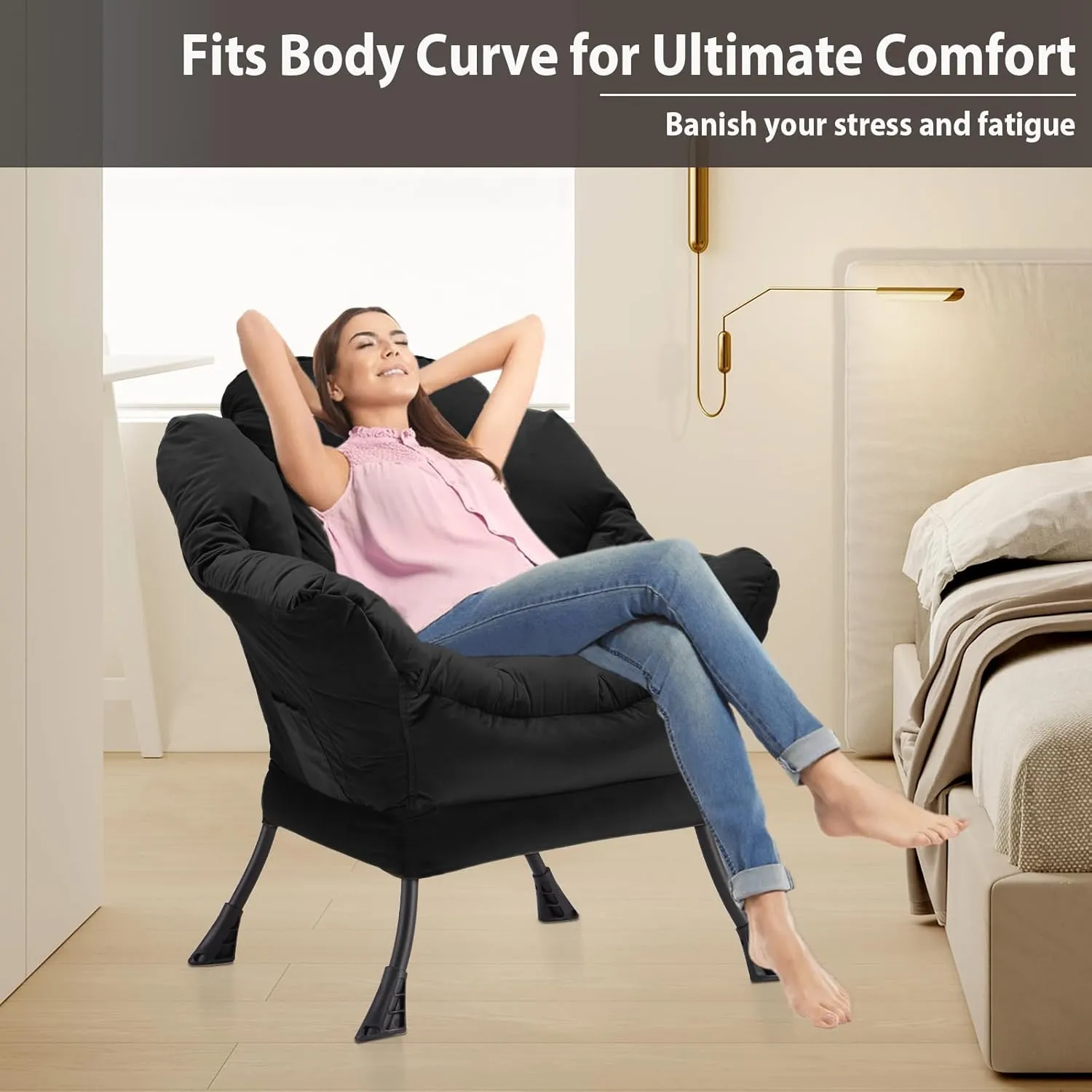Lazy Chair Thick Padded, Accent Chair Velvet Upholstered with Wide Seat, Stable Metal Frame and Non-Slip Pad, Modern Sofa Armchair with Side Storage Bag for Dorm, Room, Office, Black