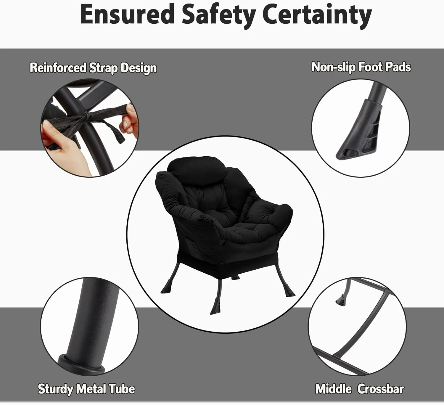 Lazy Chair Thick Padded, Accent Chair Velvet Upholstered with Wide Seat, Stable Metal Frame and Non-Slip Pad, Modern Sofa Armchair with Side Storage Bag for Dorm, Room, Office, Black