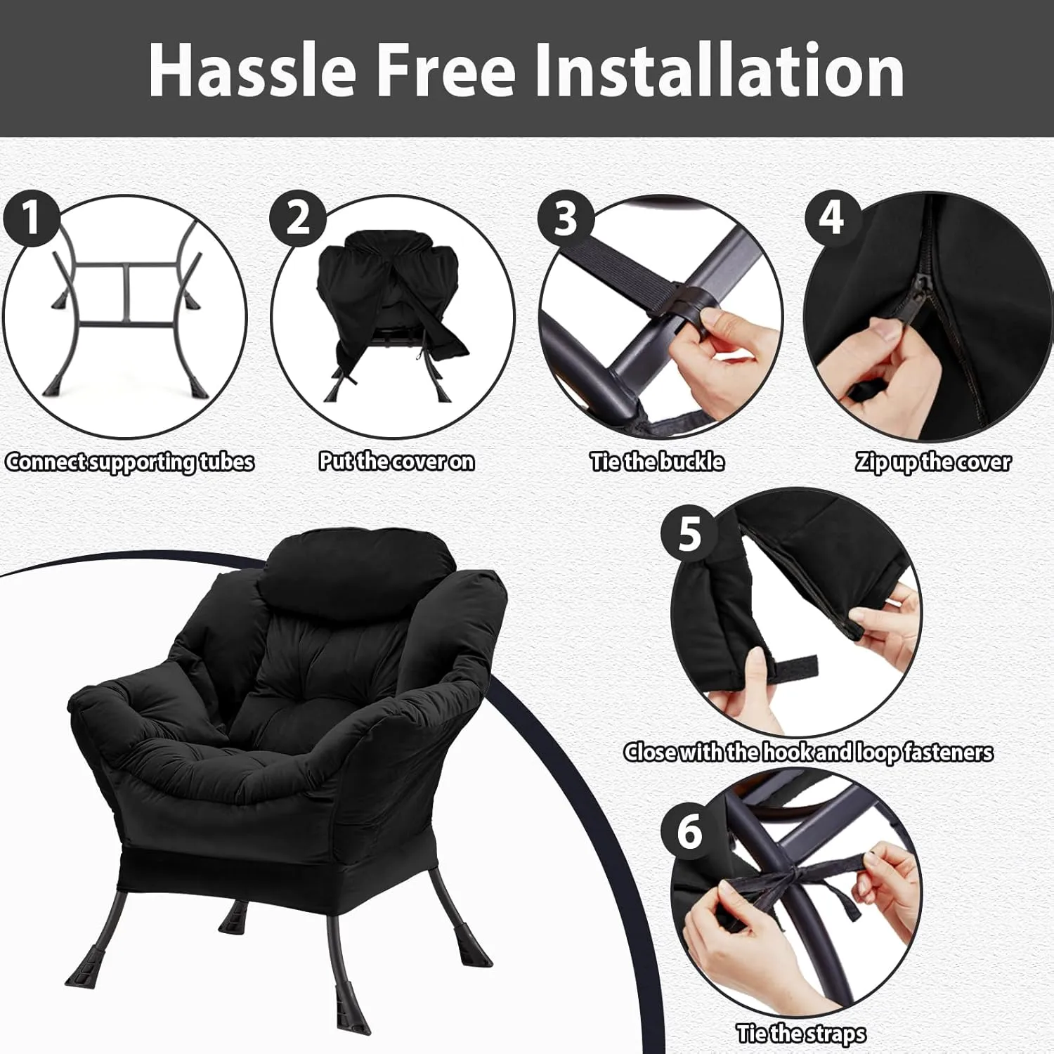 Lazy Chair Thick Padded, Accent Chair Velvet Upholstered with Wide Seat, Stable Metal Frame and Non-Slip Pad, Modern Sofa Armchair with Side Storage Bag for Dorm, Room, Office, Black