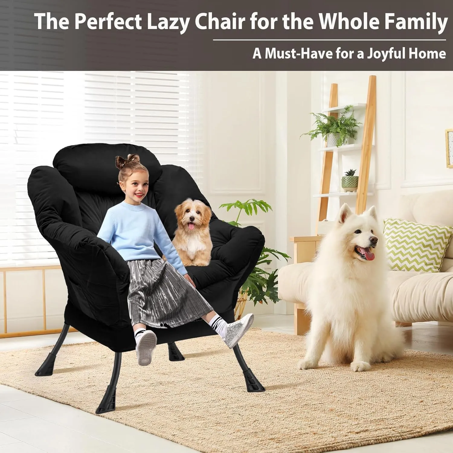 Lazy Chair Thick Padded, Accent Chair Velvet Upholstered with Wide Seat, Stable Metal Frame and Non-Slip Pad, Modern Sofa Armchair with Side Storage Bag for Dorm, Room, Office, Black