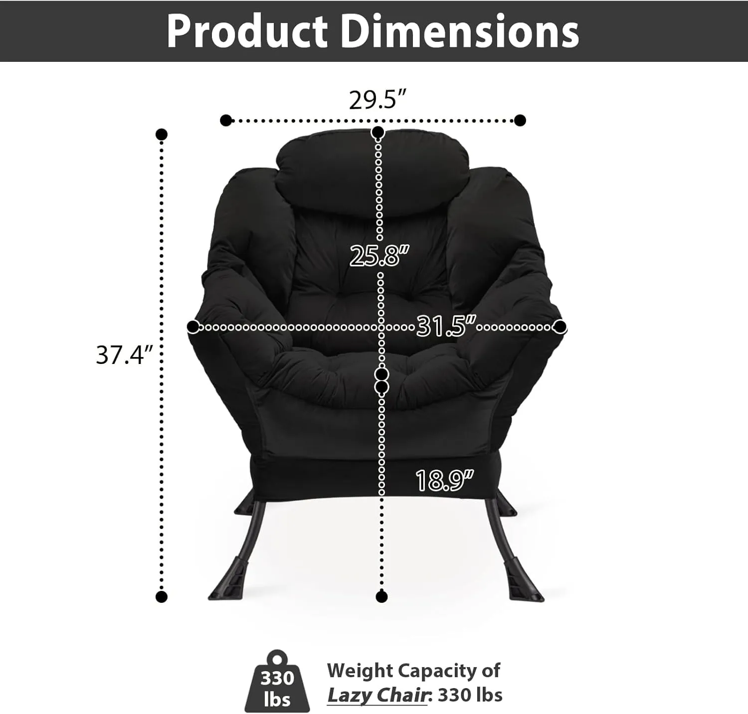 Lazy Chair Thick Padded, Accent Chair Velvet Upholstered with Wide Seat, Stable Metal Frame and Non-Slip Pad, Modern Sofa Armchair with Side Storage Bag for Dorm, Room, Office, Black