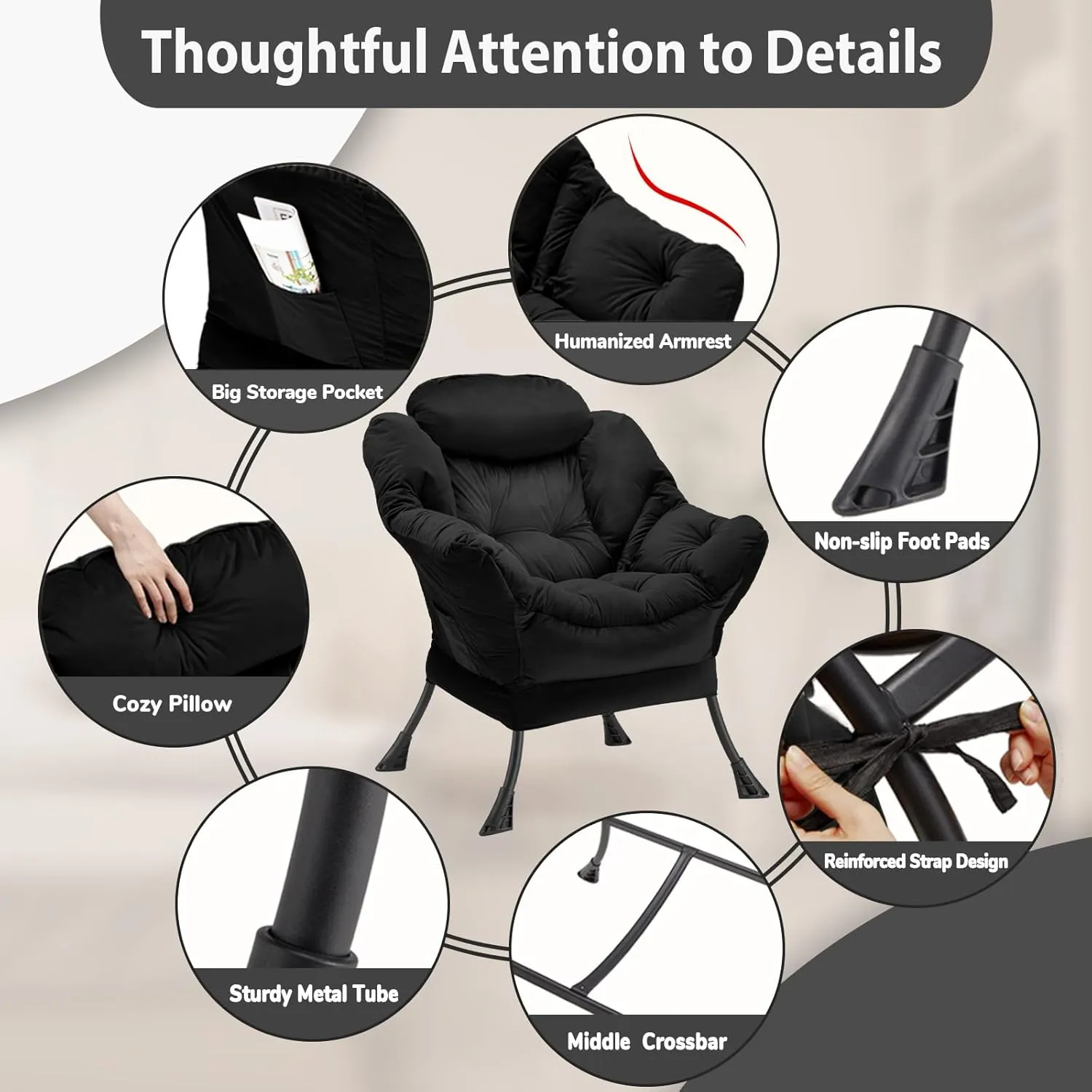 Lazy Chair Thick Padded, Accent Chair Velvet Upholstered with Wide Seat, Stable Metal Frame and Non-Slip Pad, Modern Sofa Armchair with Side Storage Bag for Dorm, Room, Office, Black