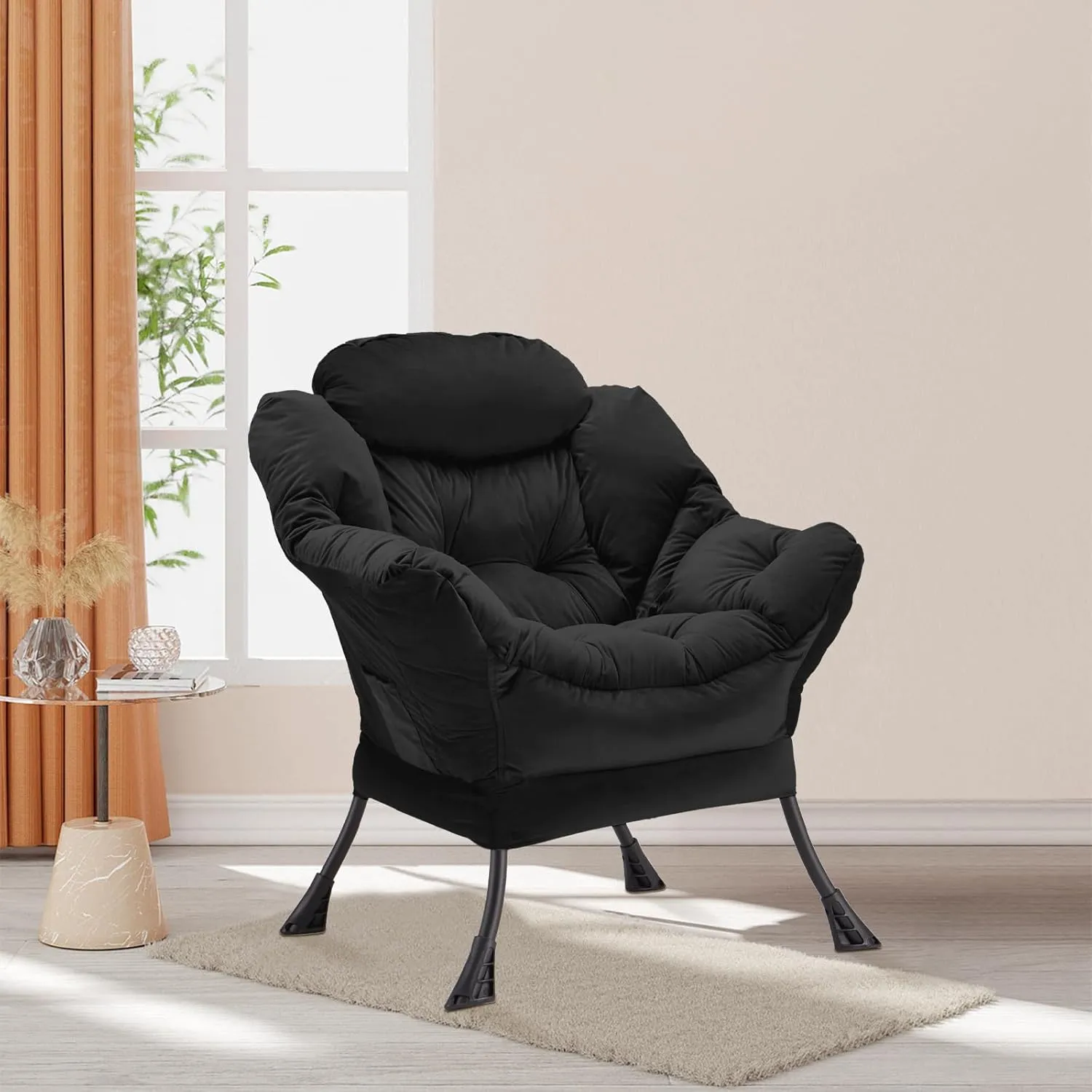 Lazy Chair Thick Padded, Accent Chair Velvet Upholstered with Wide Seat, Stable Metal Frame and Non-Slip Pad, Modern Sofa Armchair with Side Storage Bag for Dorm, Room, Office, Black
