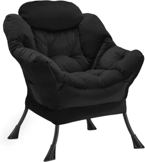 Lazy Chair Thick Padded, Accent Chair Velvet Upholstered with Wide Seat, Stable Metal Frame and Non-Slip Pad, Modern Sofa Armchair with Side Storage Bag for Dorm, Room, Office, Black