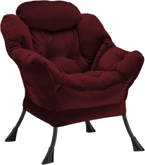Lazy Chair Thick Padded, Accent Chair Velvet Upholstered with Wide Seat, Stable Metal Frame and Non-Slip Pad, Modern Sofa Armchair with Side Storage Bag for Dorm, Room, Office, Burgundy