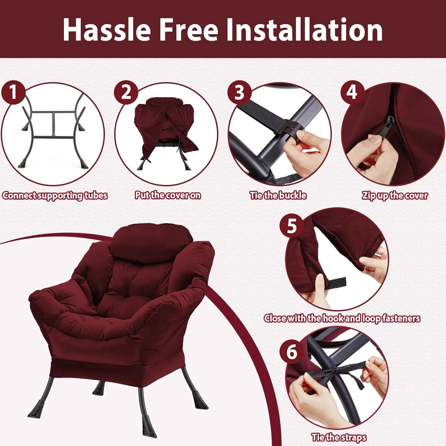 Lazy Chair Thick Padded, Accent Chair Velvet Upholstered with Wide Seat, Stable Metal Frame and Non-Slip Pad, Modern Sofa Armchair with Side Storage Bag for Dorm, Room, Office, Burgundy