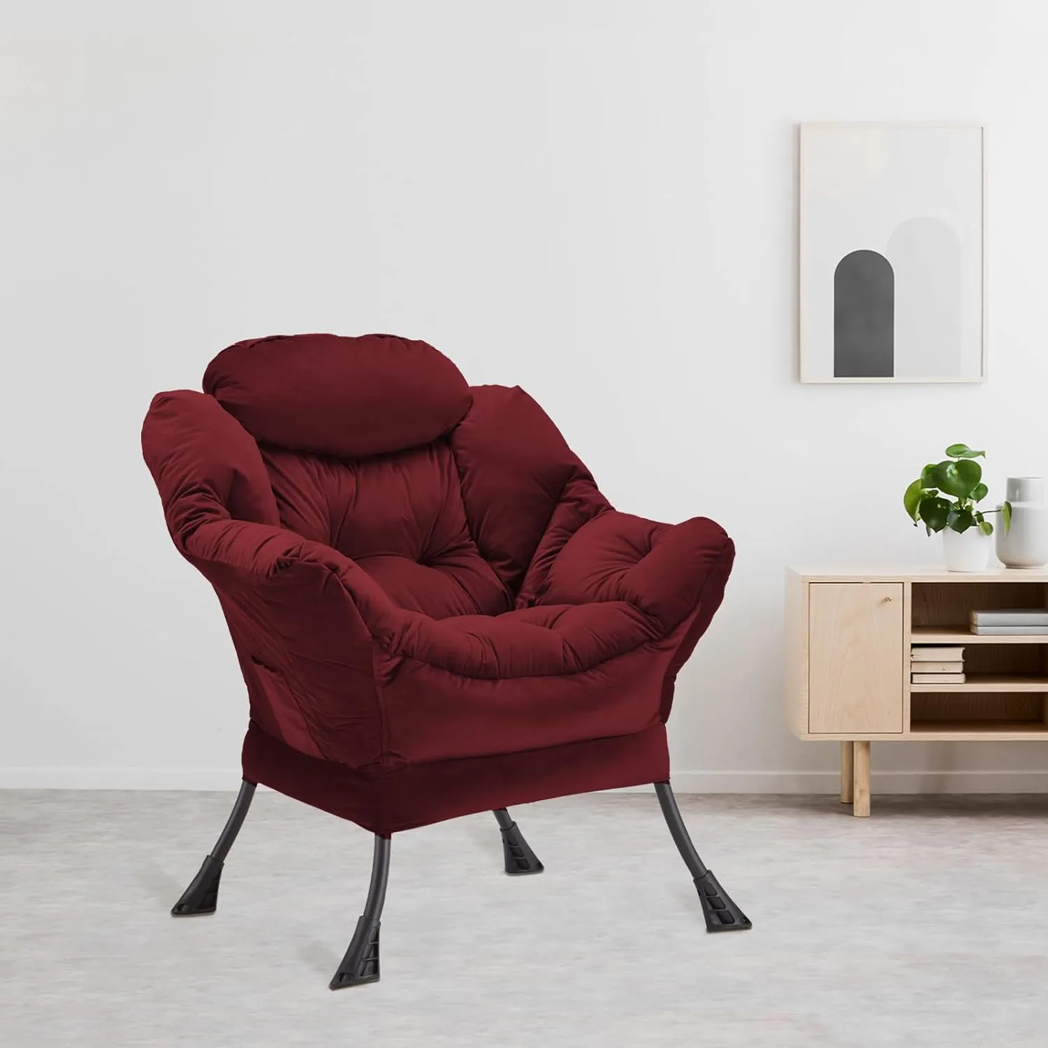 Lazy Chair Thick Padded, Accent Chair Velvet Upholstered with Wide Seat, Stable Metal Frame and Non-Slip Pad, Modern Sofa Armchair with Side Storage Bag for Dorm, Room, Office, Burgundy