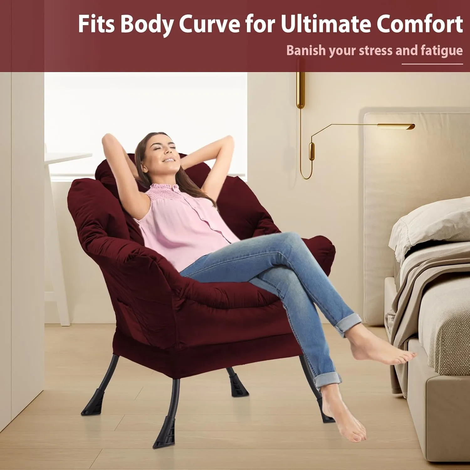 Lazy Chair Thick Padded, Accent Chair Velvet Upholstered with Wide Seat, Stable Metal Frame and Non-Slip Pad, Modern Sofa Armchair with Side Storage Bag for Dorm, Room, Office, Burgundy