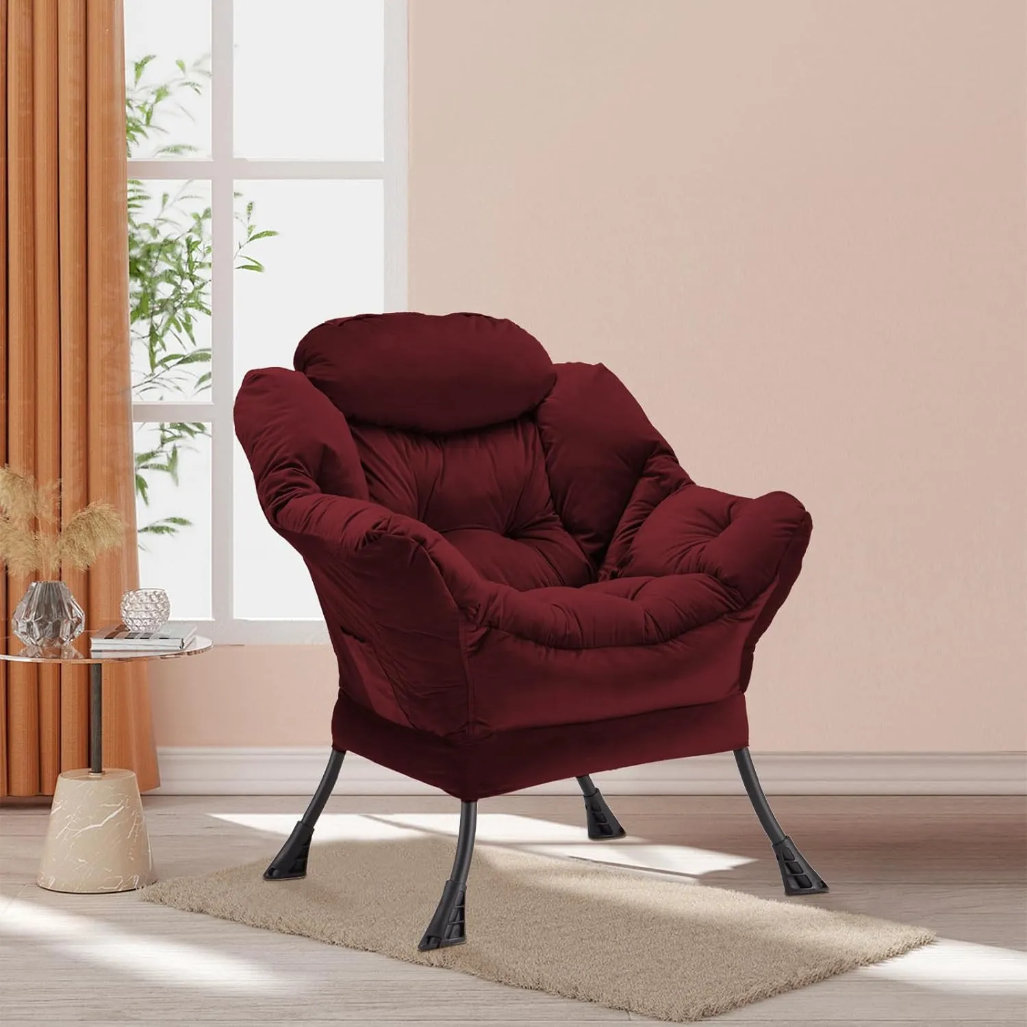 Lazy Chair Thick Padded, Accent Chair Velvet Upholstered with Wide Seat, Stable Metal Frame and Non-Slip Pad, Modern Sofa Armchair with Side Storage Bag for Dorm, Room, Office, Burgundy