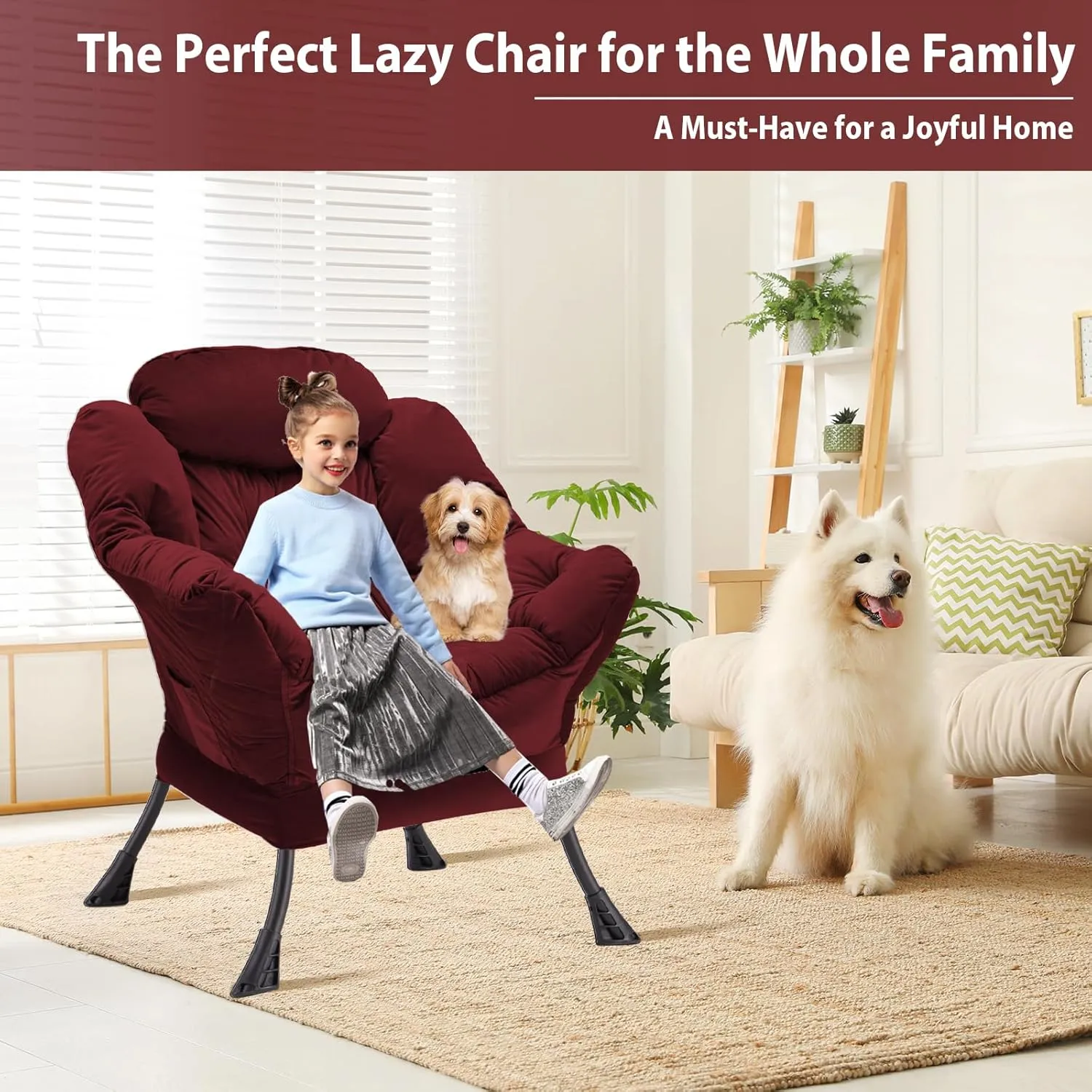 Lazy Chair Thick Padded, Accent Chair Velvet Upholstered with Wide Seat, Stable Metal Frame and Non-Slip Pad, Modern Sofa Armchair with Side Storage Bag for Dorm, Room, Office, Burgundy