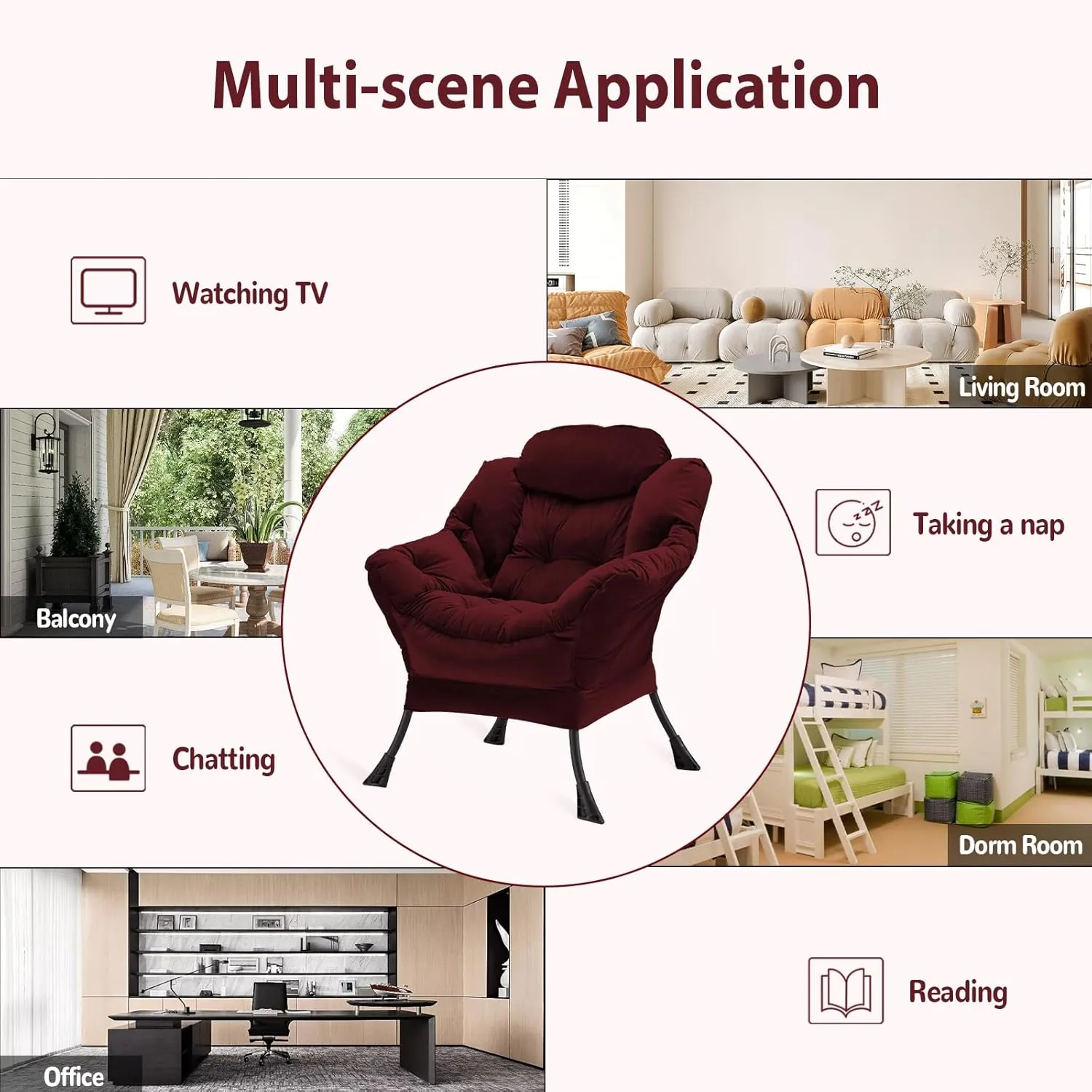 Lazy Chair Thick Padded, Accent Chair Velvet Upholstered with Wide Seat, Stable Metal Frame and Non-Slip Pad, Modern Sofa Armchair with Side Storage Bag for Dorm, Room, Office, Burgundy