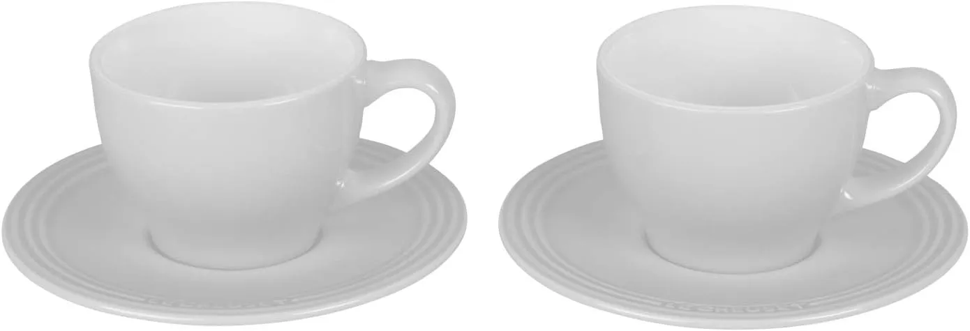 Le Creuset Stoneware Set of 2 Cappuccino Cups and Saucers , 7 oz. each, White