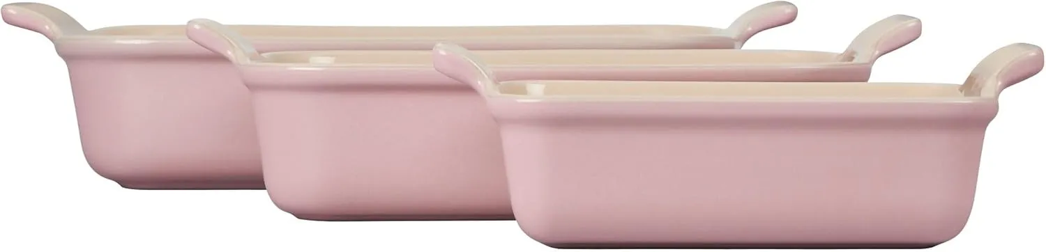 Le Creuset Stoneware Set Of 3 Heritage Rectangular Dishes, Chiffon Pink