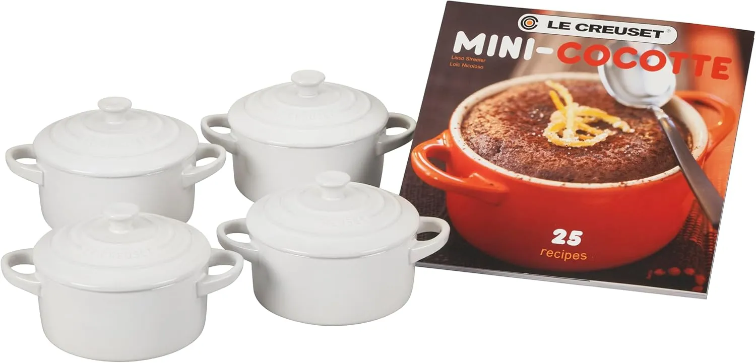 Le Creuset Stoneware Set of 4 Mini Cocottes with Cookbook, 8 oz. each, White