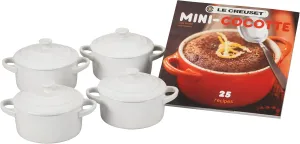 Le Creuset Stoneware Set of 4 Mini Cocottes with Cookbook, 8 oz. each, White