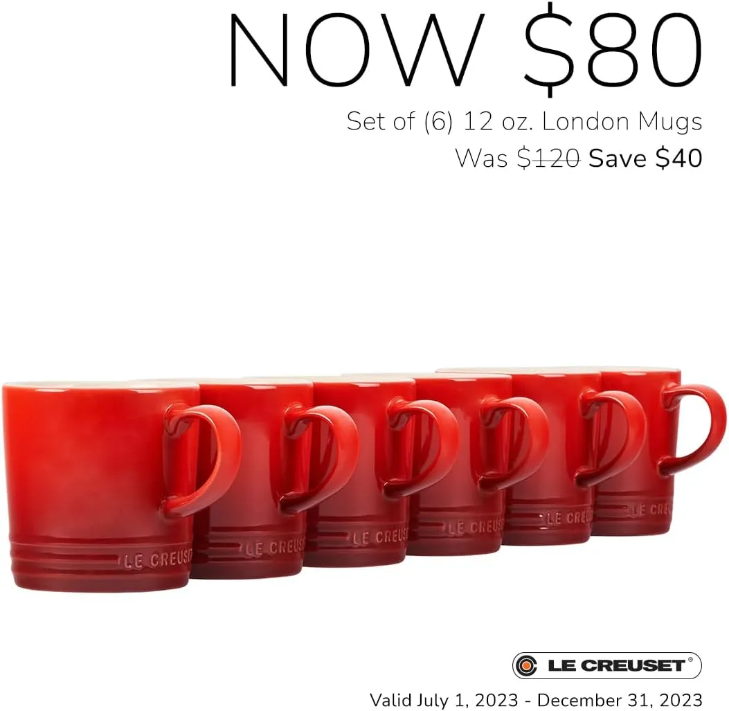 Le Creuset Stoneware (Set of 6) London Mugs, 12 oz. Each, Multi-Color