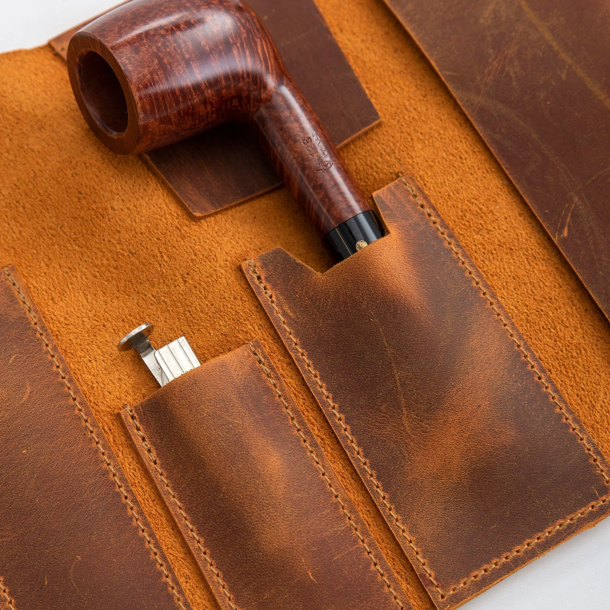 Leather Mini Pipe Pouch, Leather Pipe Rollup Bag for 1-Pipe, Handmade Pocketsize Pipe Roll, Camel