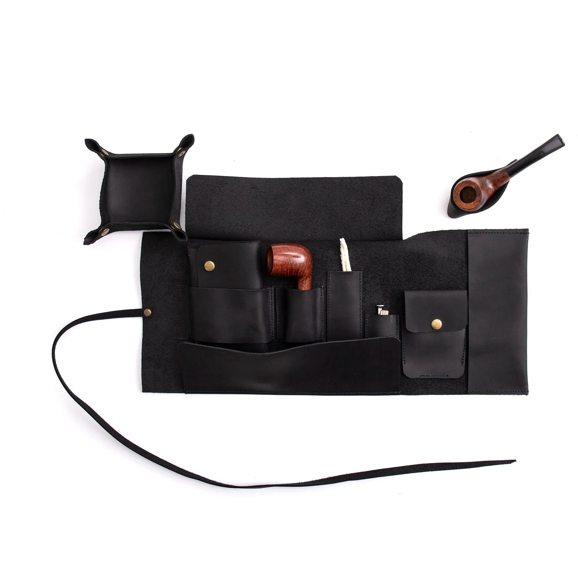 Leather Pipe Pouch for 1-Pipe, Handmade 1-Pipe Rollup Bag, Single-Pipe Rollup Pouch, Matte Black