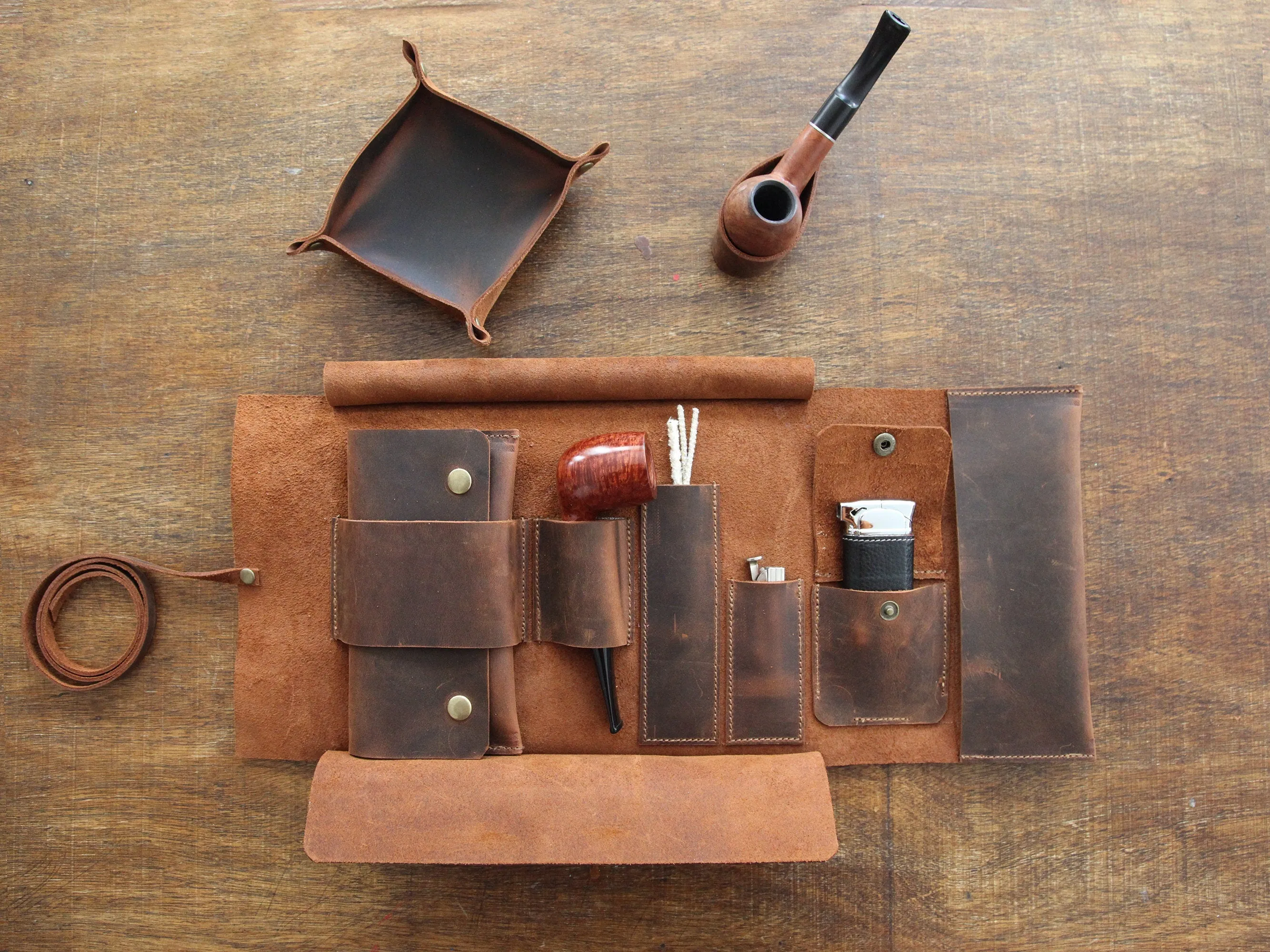Leather Pipe Pouch for 1-Pipe, Handmade 1-Pipe Rollup Bag, Single-Pipe Rollup Pouch, Tobacco