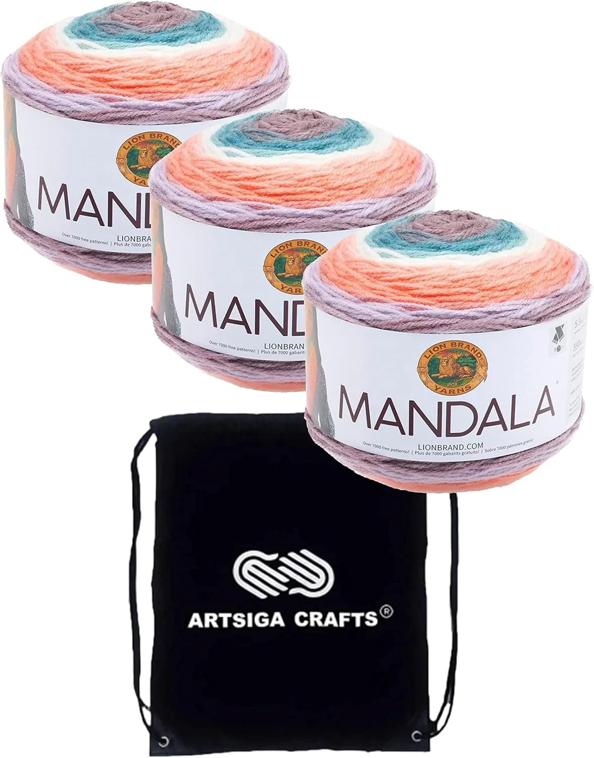 Lion Brand Mandala Pegasus 525-210 (3-Skeins - Same Dye Lot) DK Light Worsted #3 Acrylic Yarn for Crocheting and Knitting with Project Bag