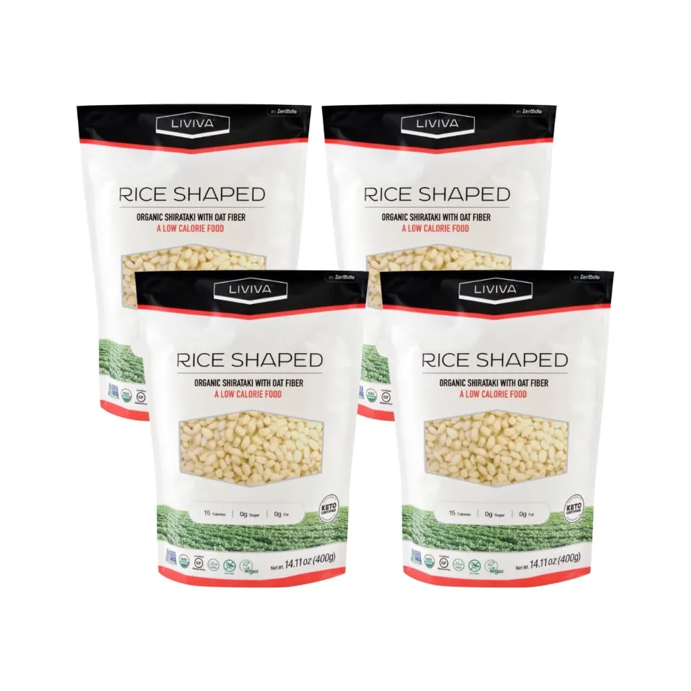 LIVIVA Organic Shirataki Konjac Rice Shaped Noodle 4 Pk (73.33 oz) – Diabetic-Friendly Low Carb, Low Calorie Pasta Noodles Ready to Serve – No Odor, Certified Non-GMO, Gluten Free, Vegan, Plant-Based, Keto, Kosher, Halal