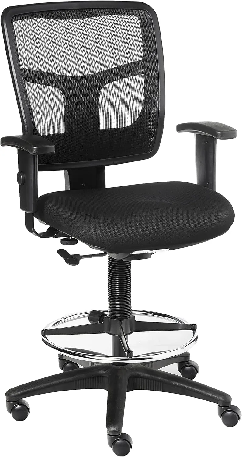 Lorell Ratchet Stool Office Chair - Ergonomic Mid-Back Design with Breathable Mesh, Cushioned Fabric Seat, Adjustable Chrome Foot Ring & Arms - Perfect Comfort for Your Workspace