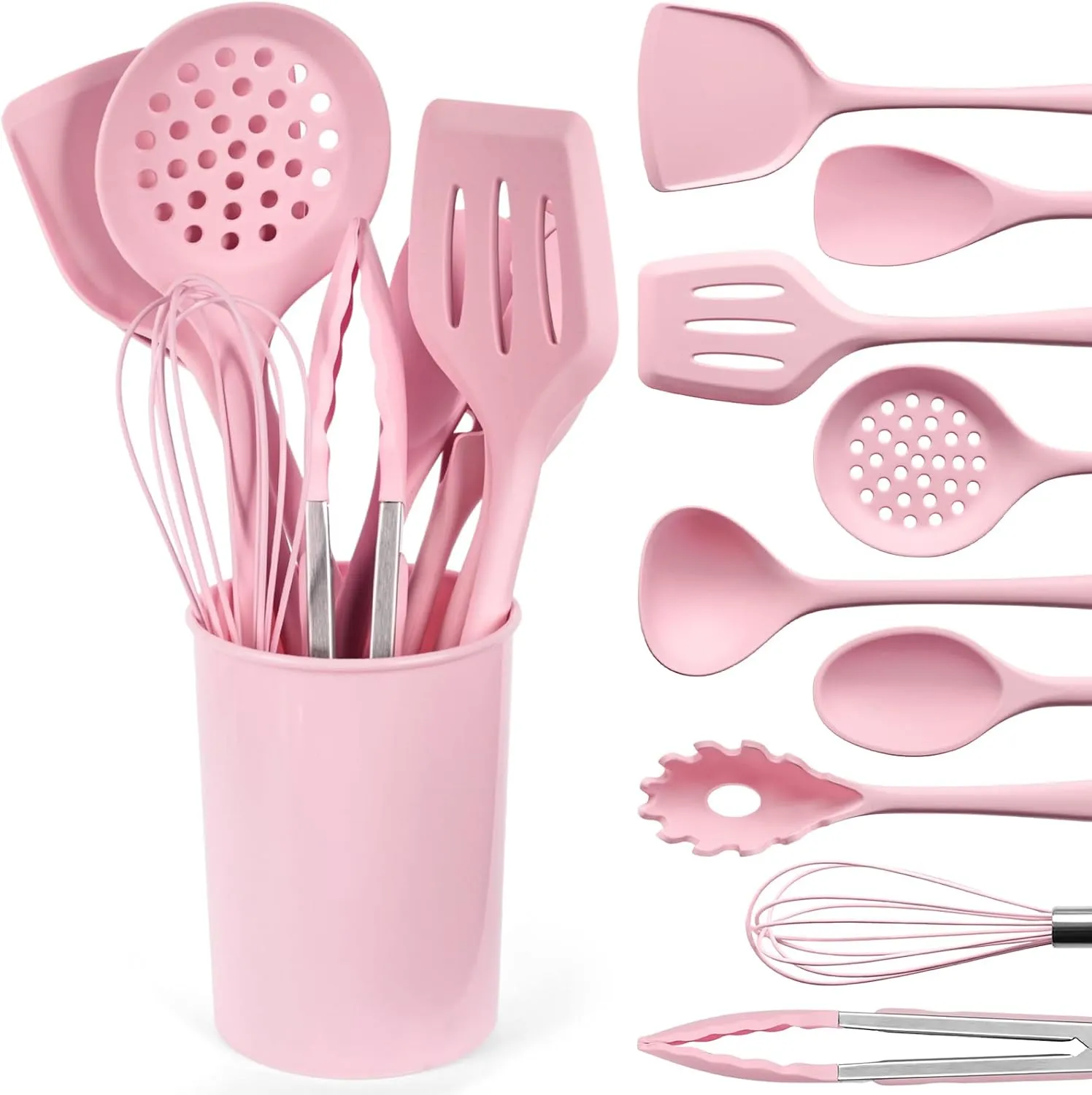LOVEINUSA Pink Cooking Utensils Set, 10PCS Silicone Kitchen Utensils Heat Resistant Tools for Nonstick Cookware Home Kitchen Housewarming Holiday Gift