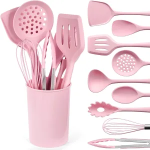LOVEINUSA Pink Cooking Utensils Set, 10PCS Silicone Kitchen Utensils Heat Resistant Tools for Nonstick Cookware Home Kitchen Housewarming Holiday Gift