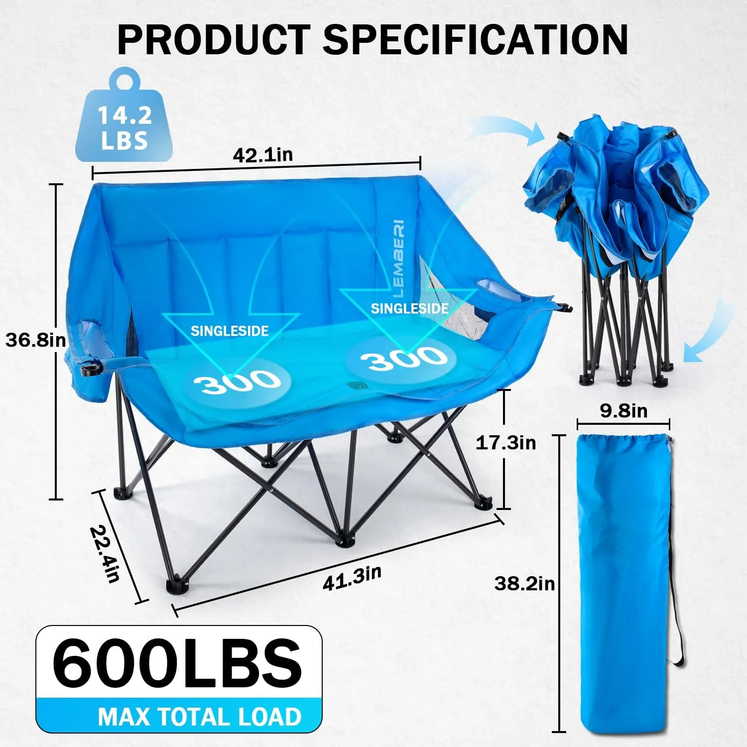 Loveseat Camping Chair for 2 Person, Oversized Double Camping Chair, Portable Folding Outdoor Camping Couch for Adults with Side Pockets and Cup Holder & Carry Bag - Supports 600LBS, Blue