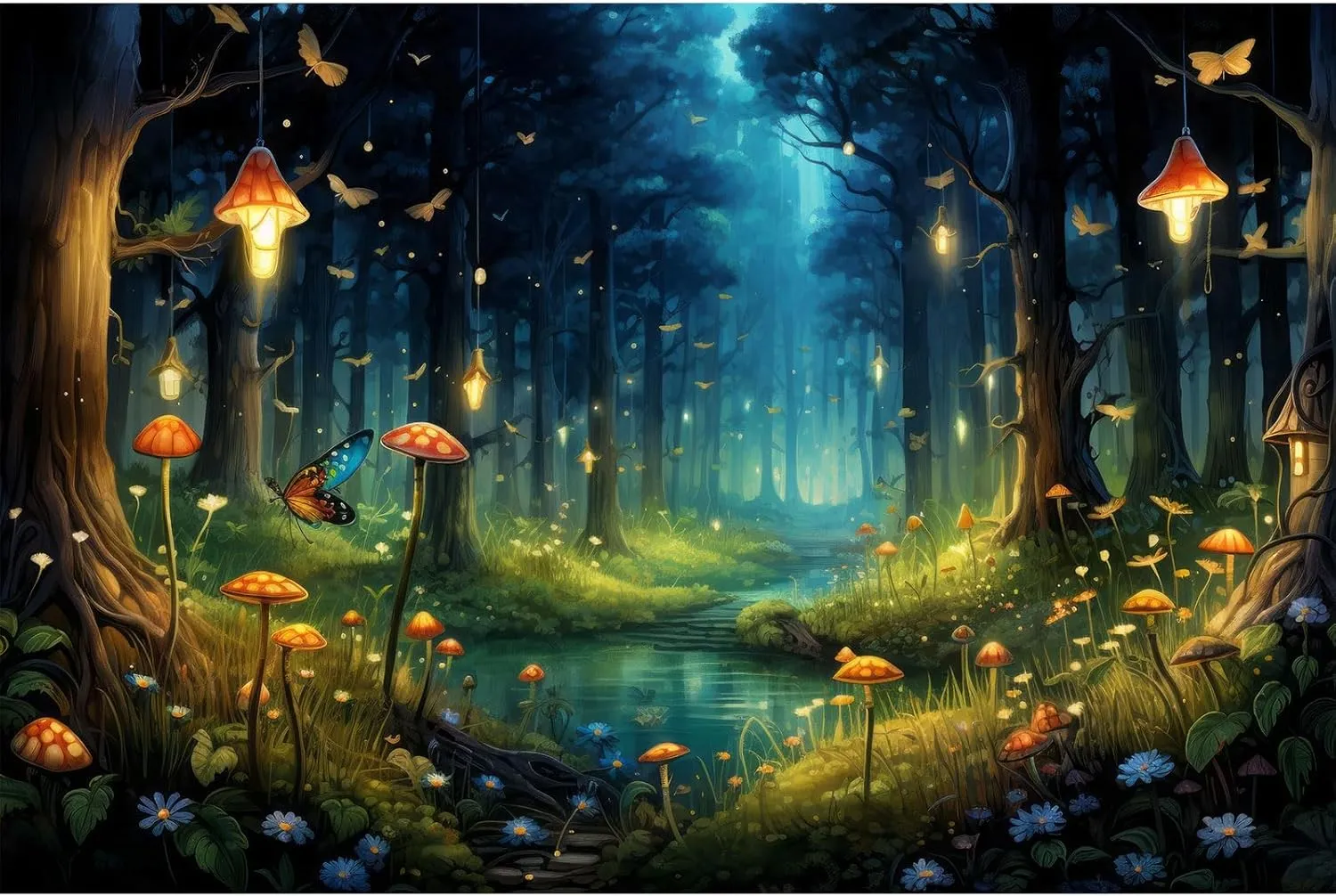 Magical Fantasy Forest Photography Backdrop Jungle Safari Theme Party Background Spring Green Tree Mushroom Butterfly Enchanted Forest Theme Baby Shower Adult Photo Studio Props 10x8ft