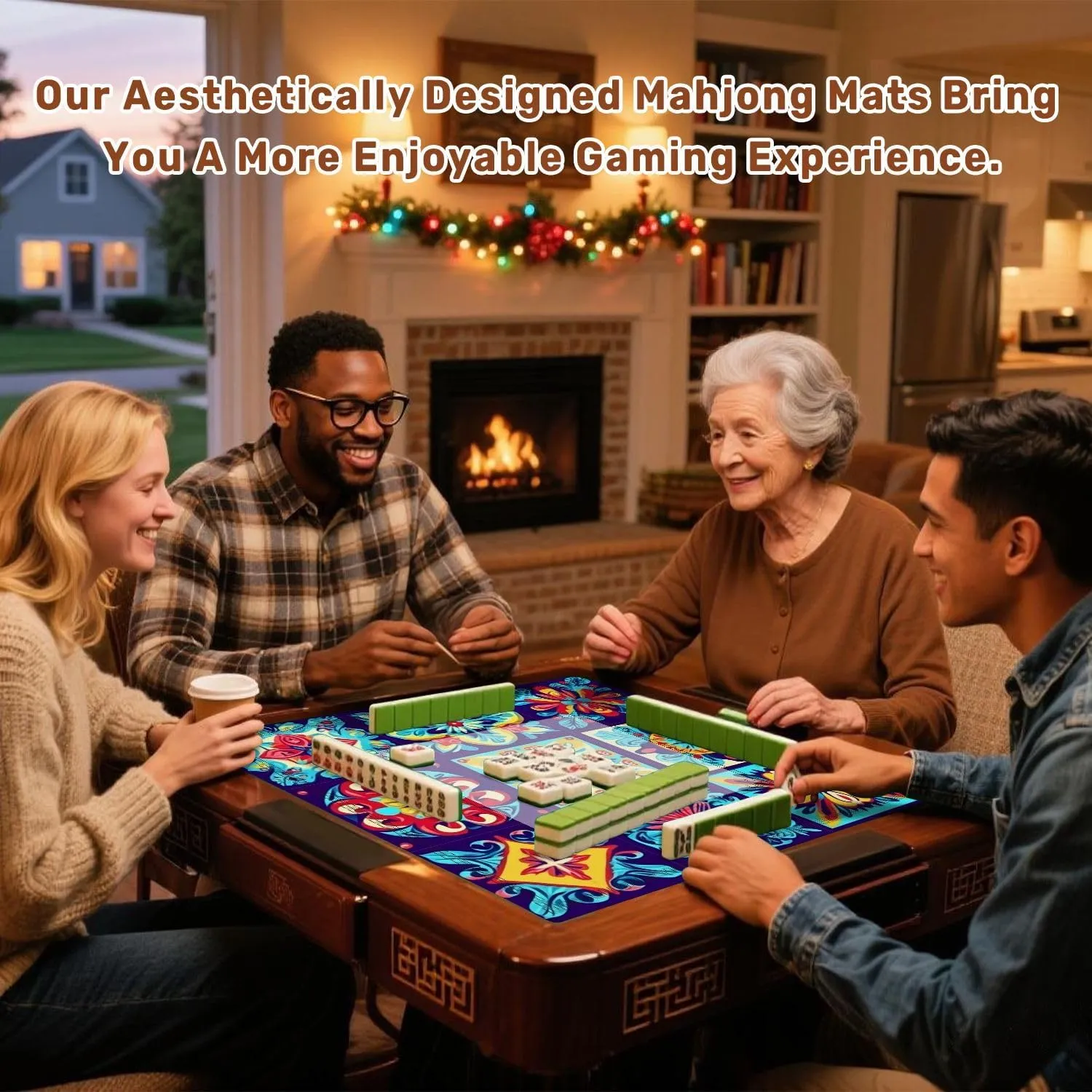 Mahjong Mat 31.5" x 31.5" Mexican Talavera Ceramic Tile Fishes Traditional Decorative Non-Slip Noise Reduction Table Cover for Mahjong Dominoes Poker Card Board and Tile Games