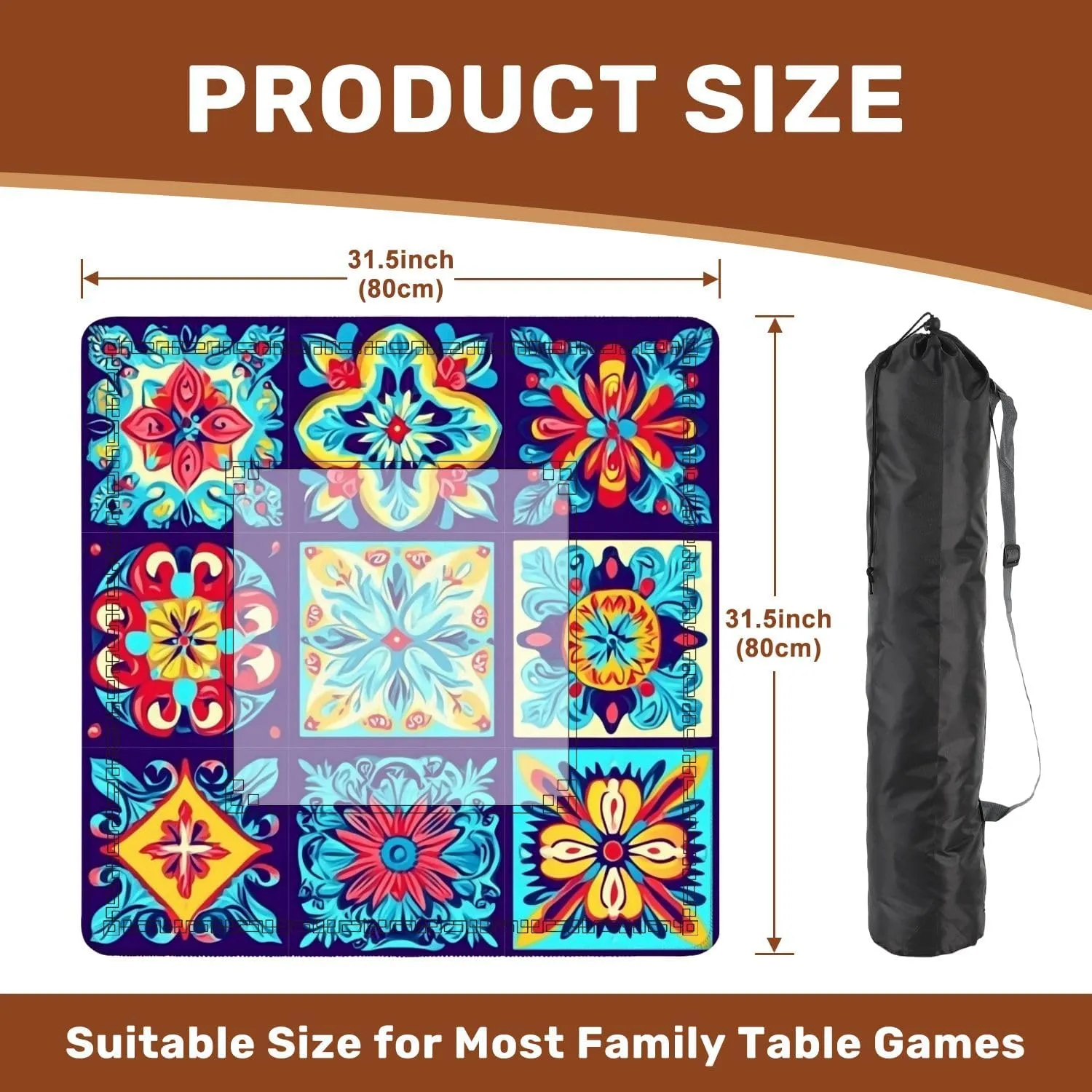 Mahjong Mat 31.5" x 31.5" Mexican Talavera Ceramic Tile Fishes Traditional Decorative Non-Slip Noise Reduction Table Cover for Mahjong Dominoes Poker Card Board and Tile Games