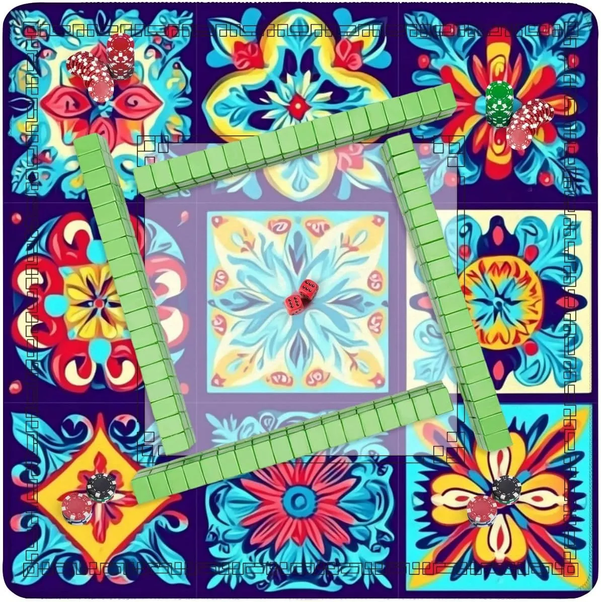 Mahjong Mat 31.5" x 31.5" Mexican Talavera Ceramic Tile Fishes Traditional Decorative Non-Slip Noise Reduction Table Cover for Mahjong Dominoes Poker Card Board and Tile Games
