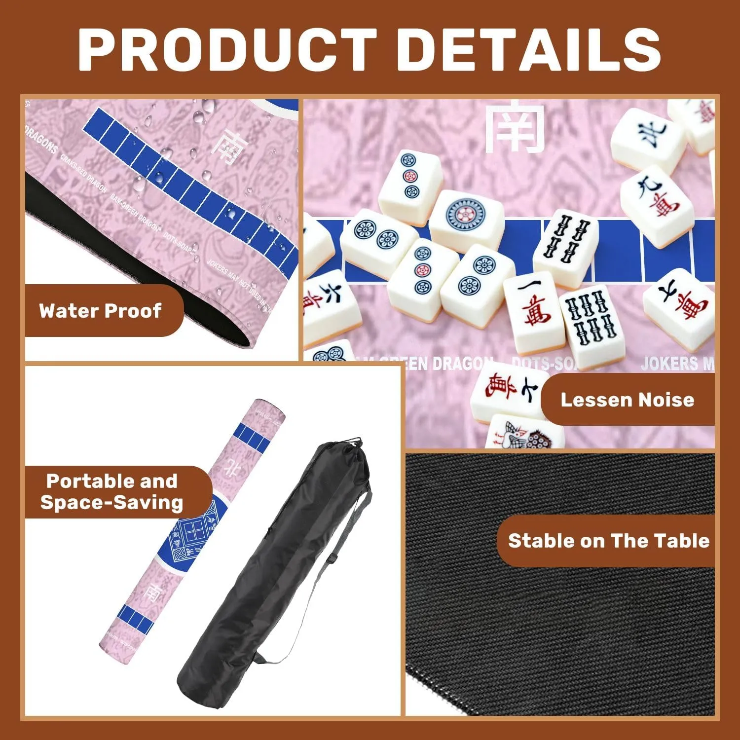 Mahjong Mat with Rules 31.5" x 31.5" Seamless Doodle Chinese New Year backgroundChinese Word Happy New Year Non-Slip Noise Reduction Table Cover for Mahjong Dominoes Poker Card Board and Tile Games