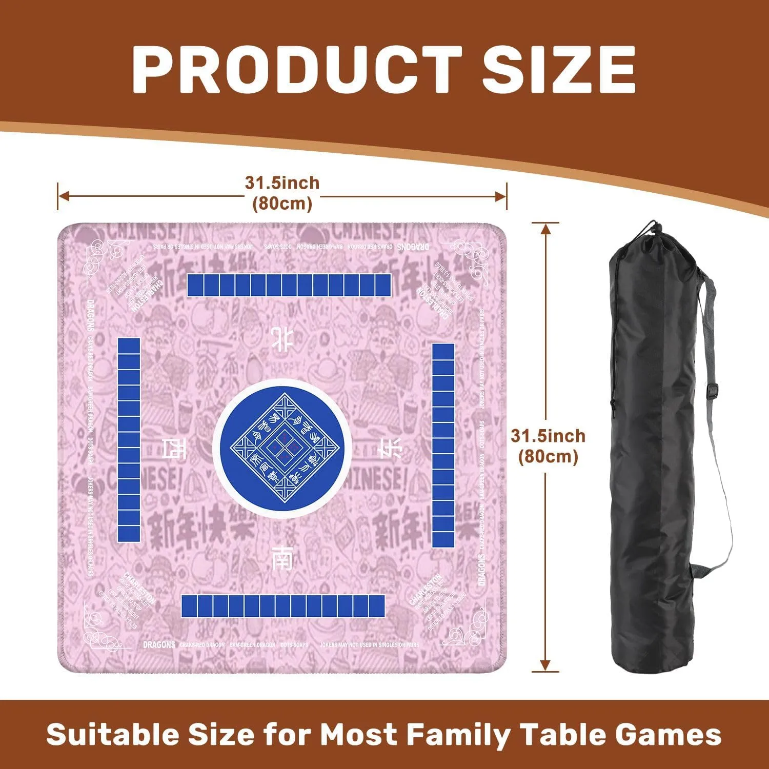 Mahjong Mat with Rules 31.5" x 31.5" Seamless Doodle Chinese New Year backgroundChinese Word Happy New Year Non-Slip Noise Reduction Table Cover for Mahjong Dominoes Poker Card Board and Tile Games