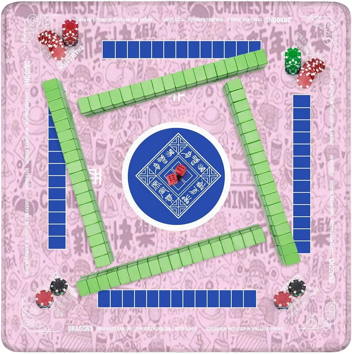 Mahjong Mat with Rules 31.5" x 31.5" Seamless Doodle Chinese New Year backgroundChinese Word Happy New Year Non-Slip Noise Reduction Table Cover for Mahjong Dominoes Poker Card Board and Tile Games