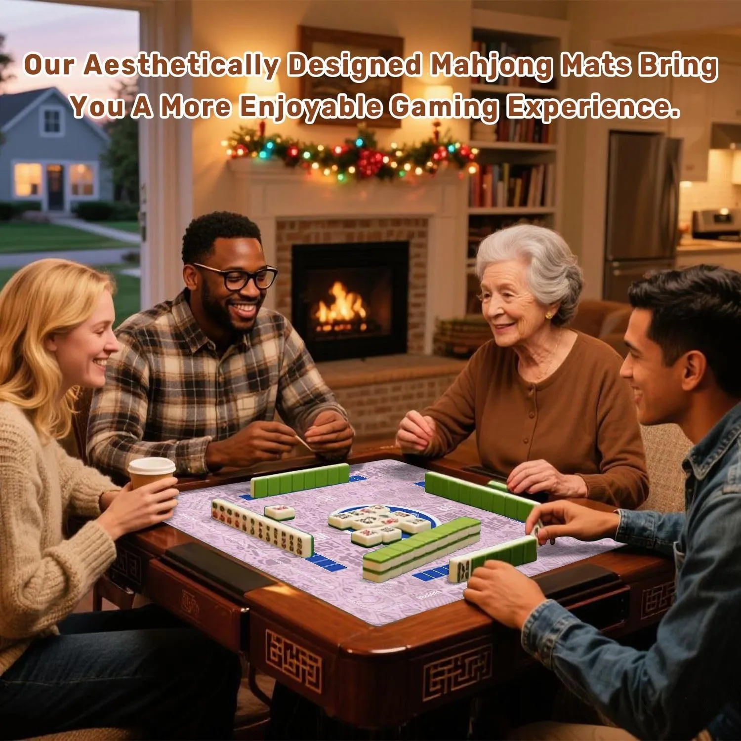 Mahjong Mat with Rules 31.5" x 31.5" Seamless Doodle Chinese New Year backgroundChinese Word Happy New Year Non-Slip Noise Reduction Table Cover for Mahjong Dominoes Poker Card Board and Tile Games