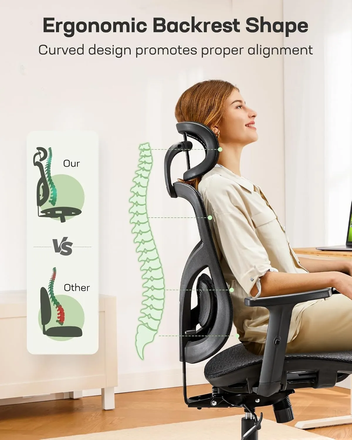 Marsail Ergonomic Mesh Office Chair: Mesh Computer Desk Chair with Adjustable Lumbar Support, 2D Headrest & Up and Down Armrest, Ergonomic Gaming Chair for Home Office, Black