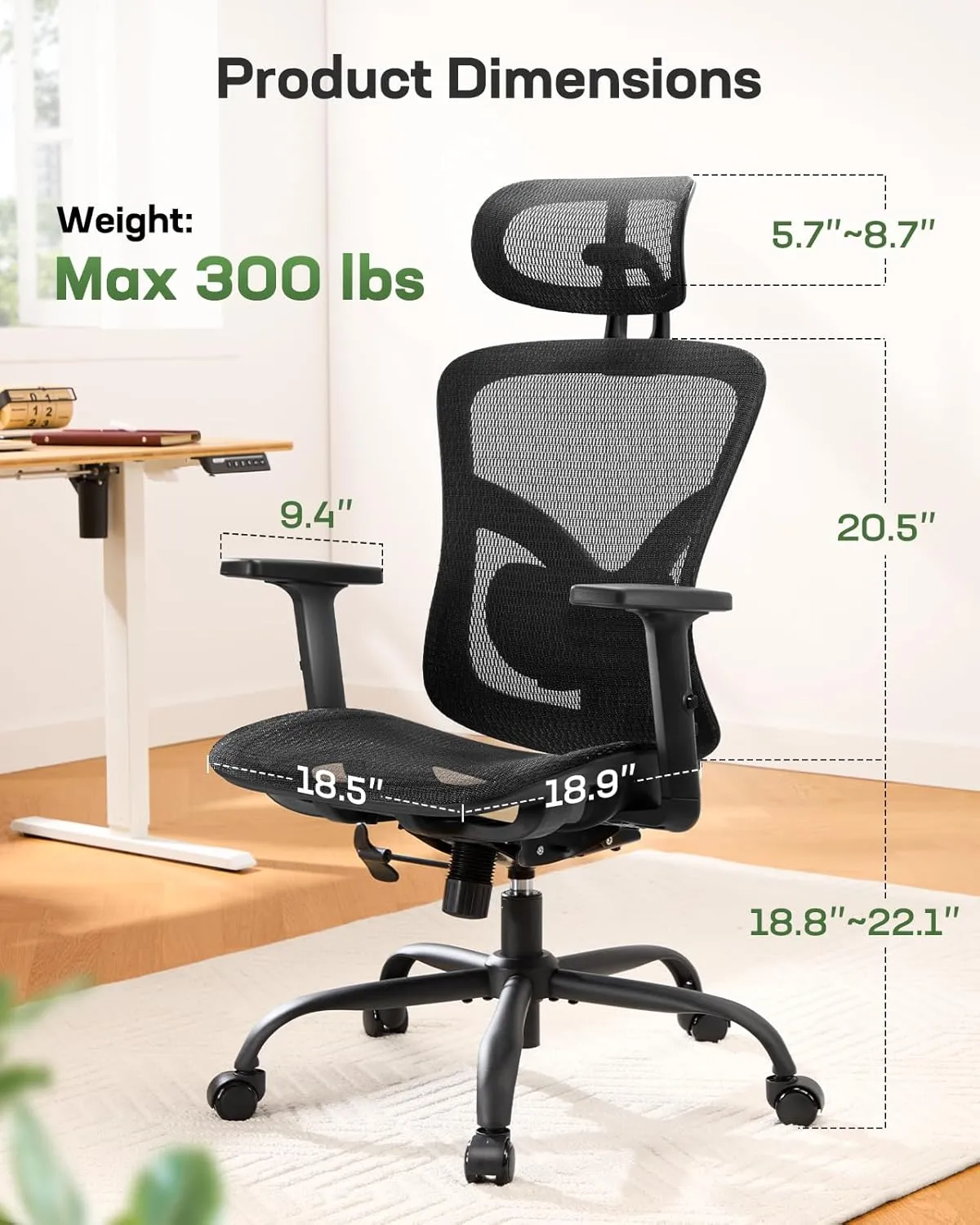 Marsail Ergonomic Mesh Office Chair: Mesh Computer Desk Chair with Adjustable Lumbar Support, 2D Headrest & Up and Down Armrest, Ergonomic Gaming Chair for Home Office, Black