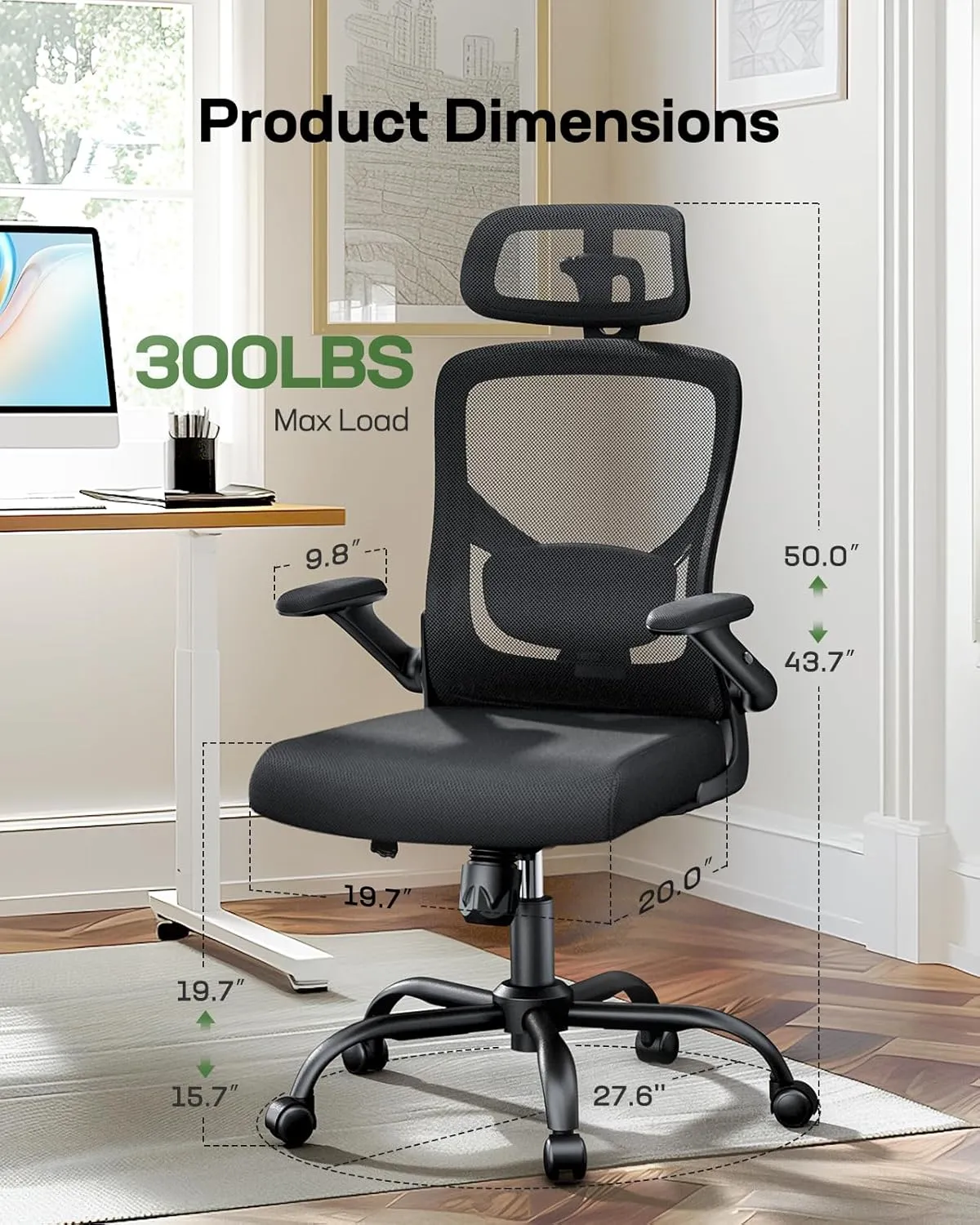 Marsail Ergonomic Office Chair High Back Ergonomic Desk Chair Adjustable Lumbar Support with Headrest Flip-Up Liftable Arms Swivel Computer Task Chair