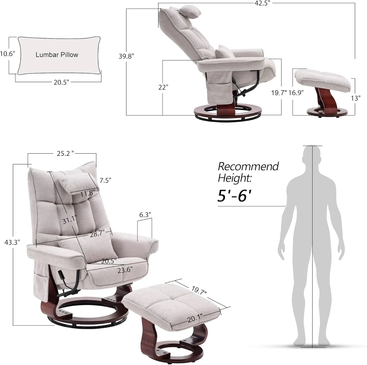 MCombo Swivel Recliner with Ottoman, TV Chair Sets with Vibration Massage, Ideal for Small Space, Living Room & Bedroom 4188 4605 (Brown Base, Beige)