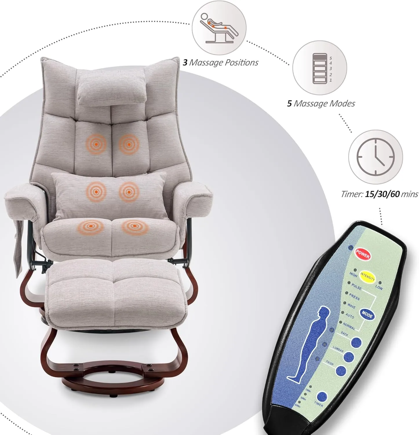MCombo Swivel Recliner with Ottoman, TV Chair Sets with Vibration Massage, Ideal for Small Space, Living Room & Bedroom 4188 4605 (Brown Base, Beige)