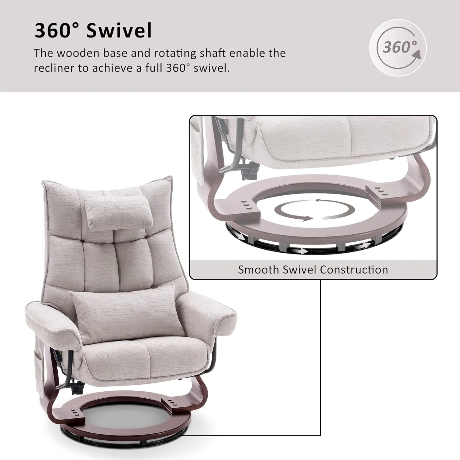 MCombo Swivel Recliner with Ottoman, TV Chair Sets with Vibration Massage, Ideal for Small Space, Living Room & Bedroom 4188 4605 (Brown Base, Beige)