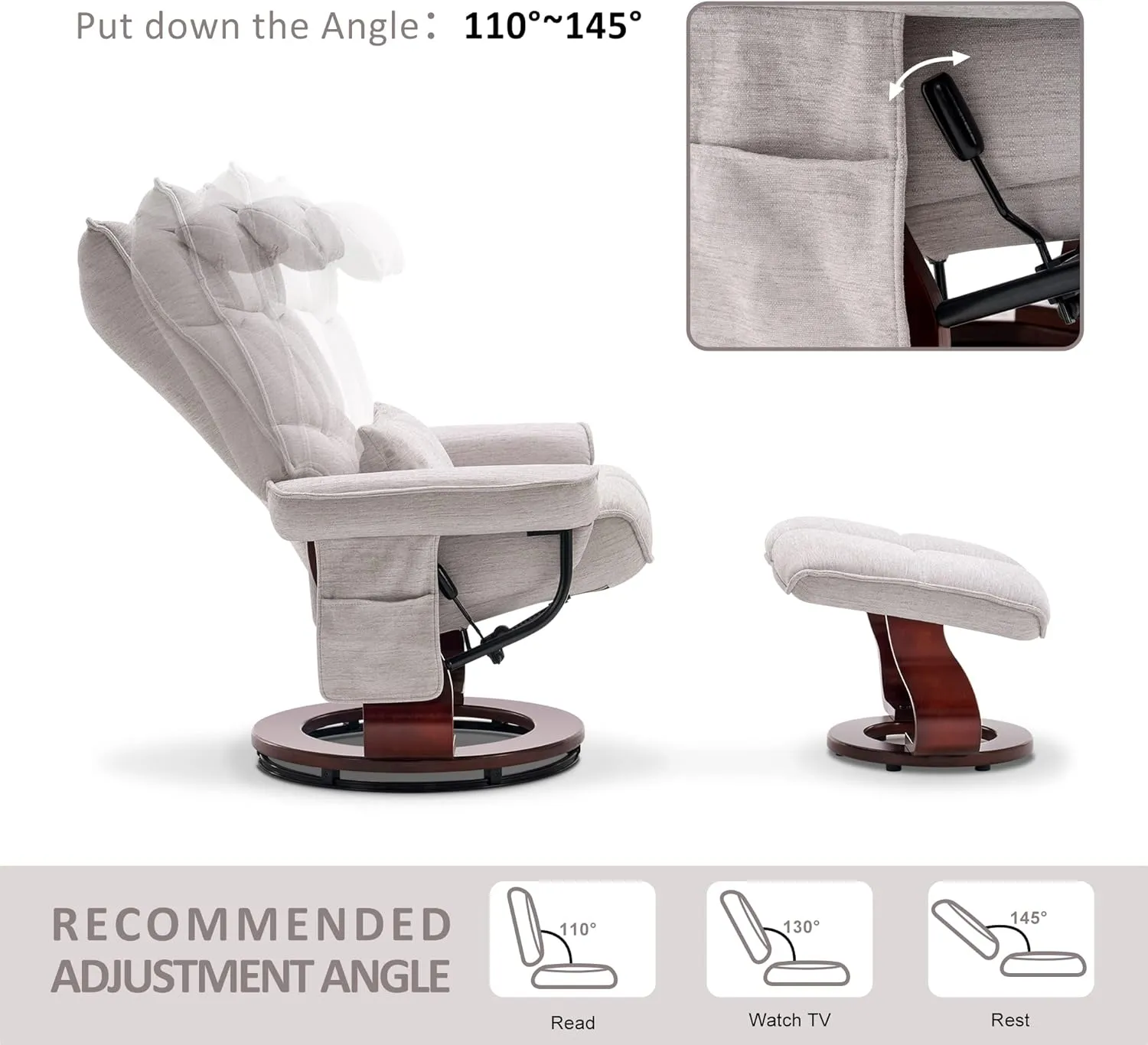 MCombo Swivel Recliner with Ottoman, TV Chair Sets with Vibration Massage, Ideal for Small Space, Living Room & Bedroom 4188 4605 (Brown Base, Beige)