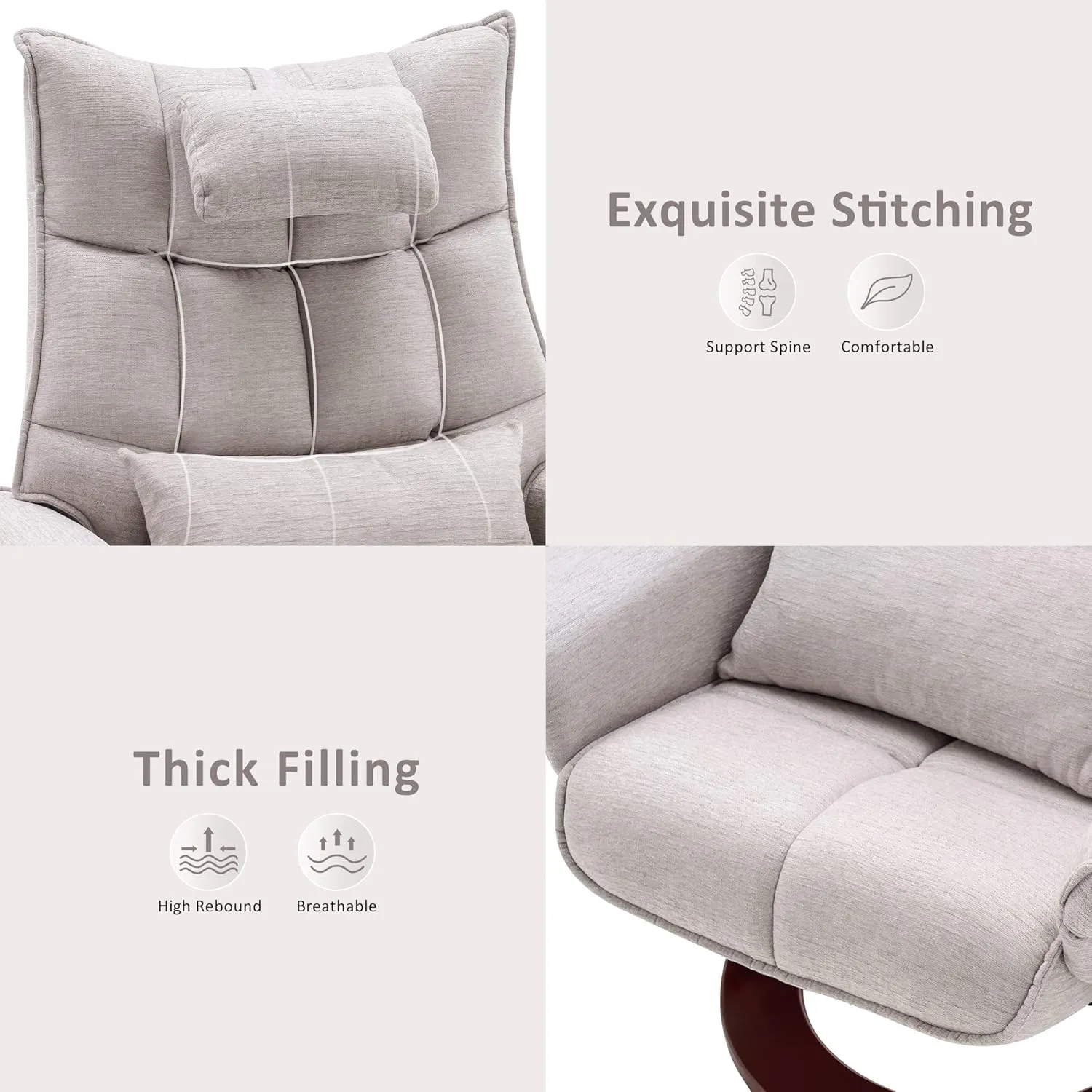 MCombo Swivel Recliner with Ottoman, TV Chair Sets with Vibration Massage, Ideal for Small Space, Living Room & Bedroom 4188 4605 (Brown Base, Beige)